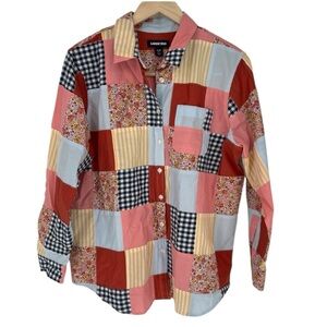Lands' End Red‎ Pink Casual Button Down Shirt Patchwork Poplin Boyfriend Quilt